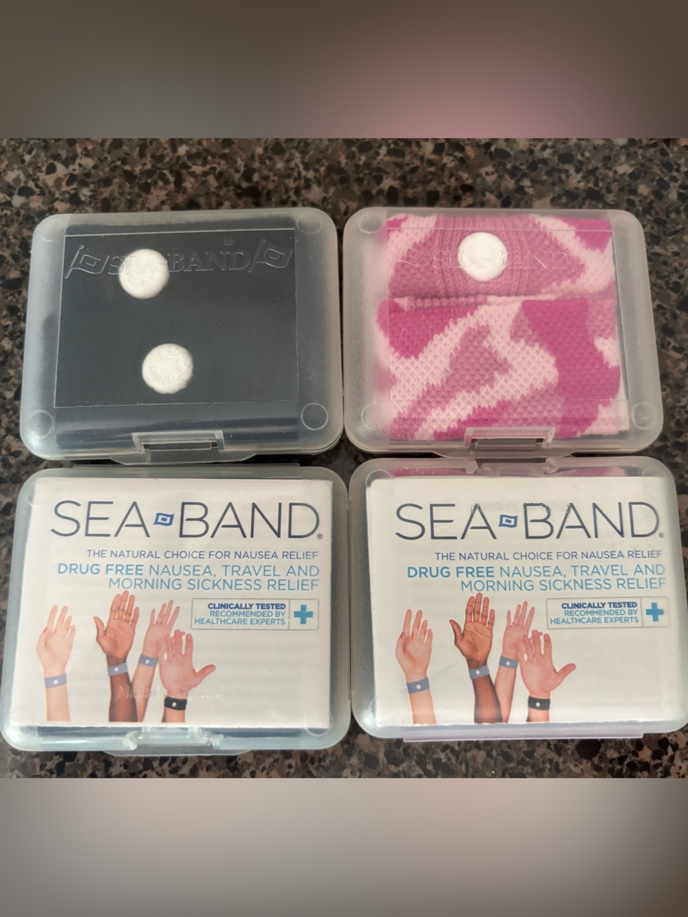 Sea-Band Pink & White Patterned and Black Anti-Nausea Wristbands - Sea-Band
